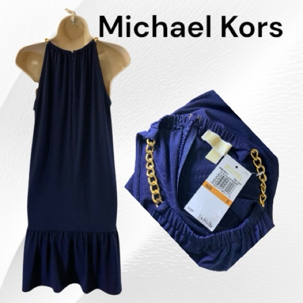 Michael Michael Kors, Navy Shift Dress w Gold Chain Straps..NWT MSRP $110 Small - Picture 2 of 2